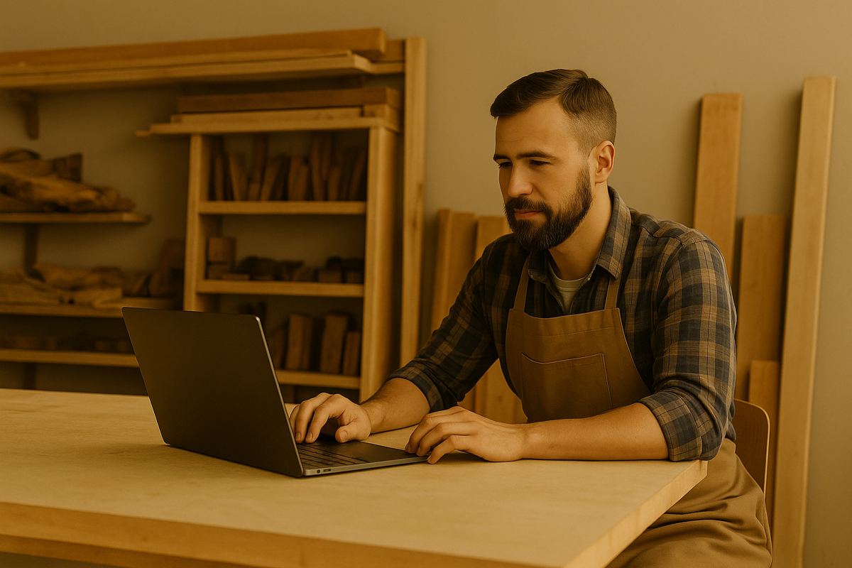 Artisan dans son atelier, travaillant sur un ordinateur portable