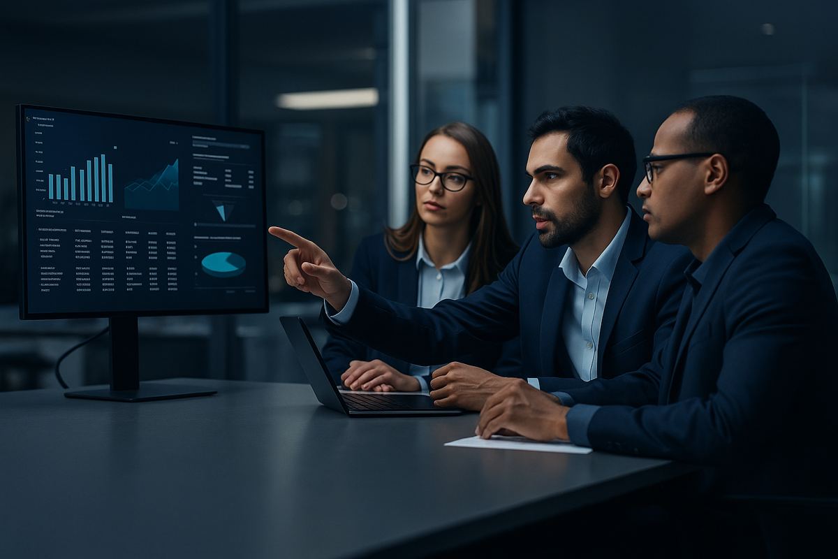 Trois professionnels analysant des indicateurs sur écran